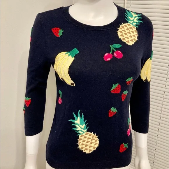 Talbots Sweater Fruit Print Embellished 3/4 Sleeves Navy Cotton Blend Size- XS - Picture 6 of 12